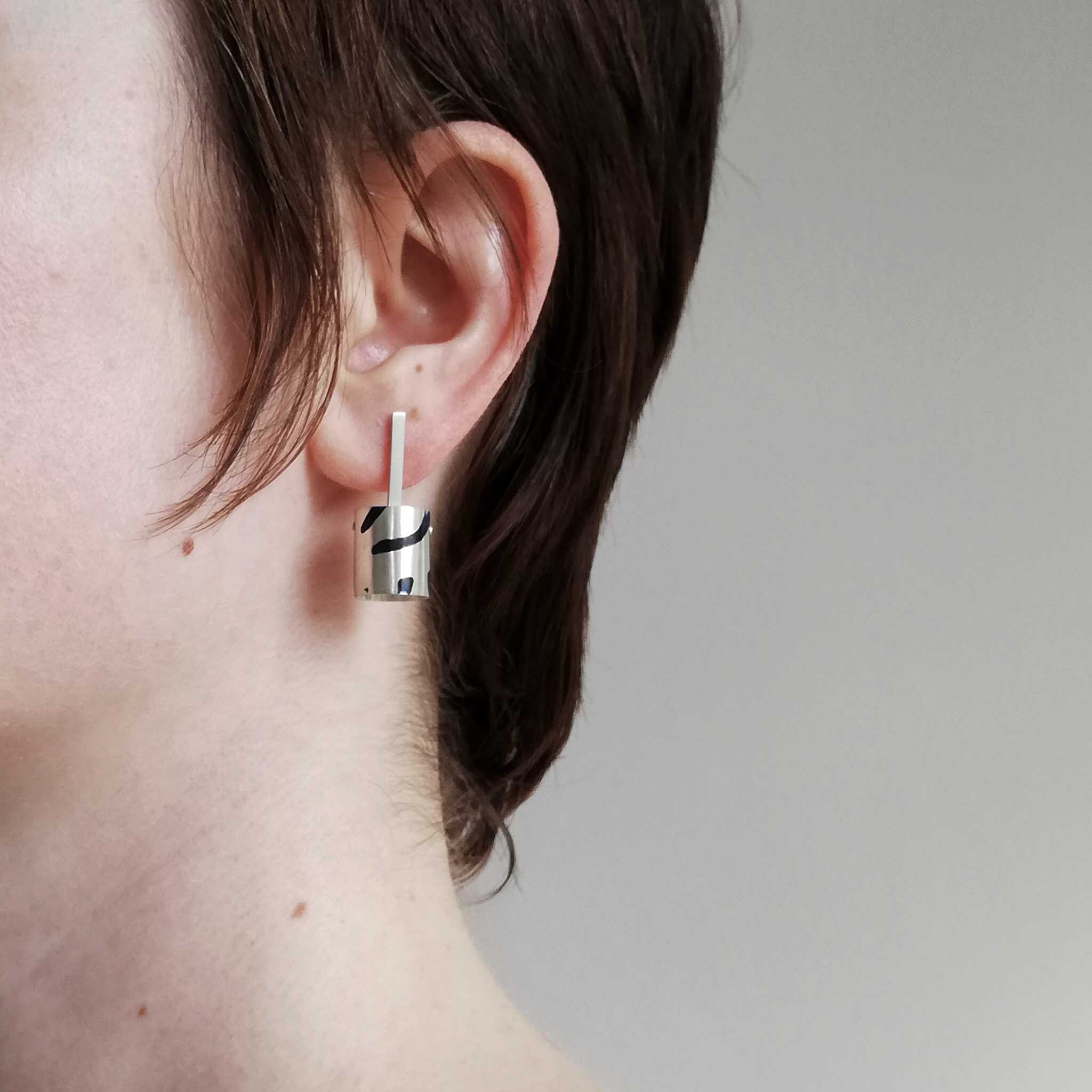 Cylindrical Silver and Enamel Inlay Stud Earrings